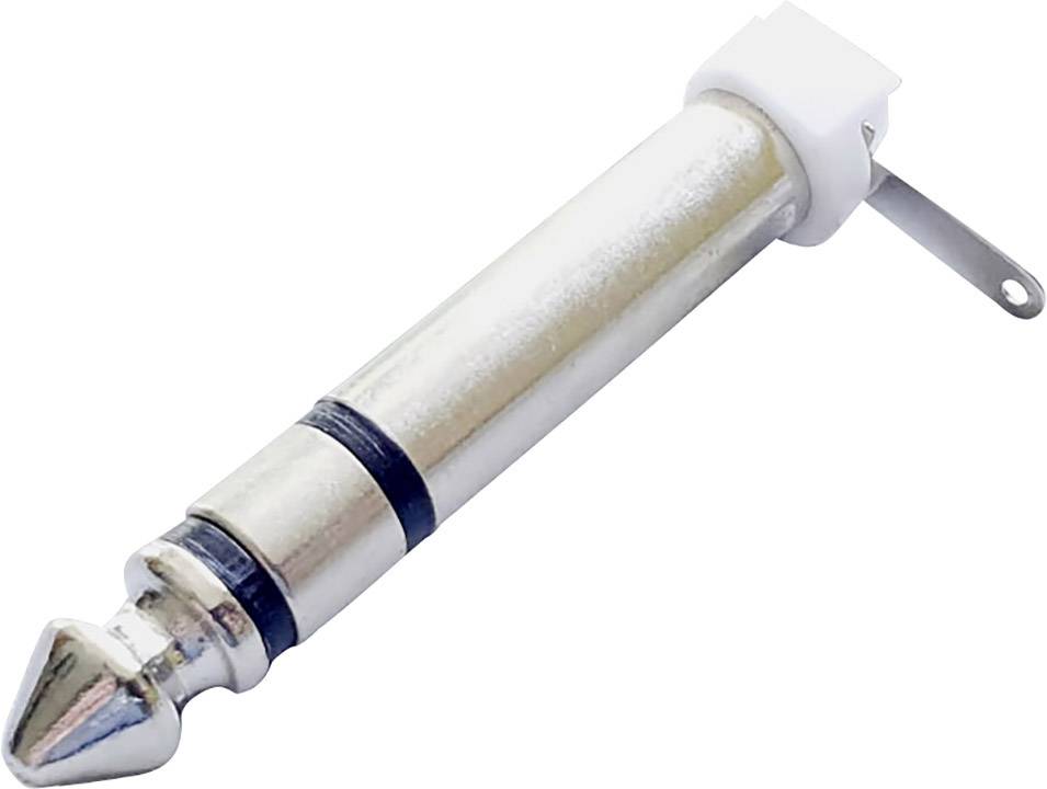 Une fiche métallique cylindrique avec deux anneaux noirs et un col en plastique blanc.
