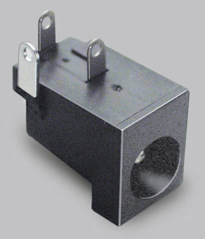 Une fiche électrique noire avec des contacts métalliques sur un fond gris.