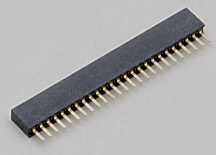 Un connecteur électronique rectangulaire avec une rangée de broches dorées, utilisé pour les connexions de circuits imprimés.