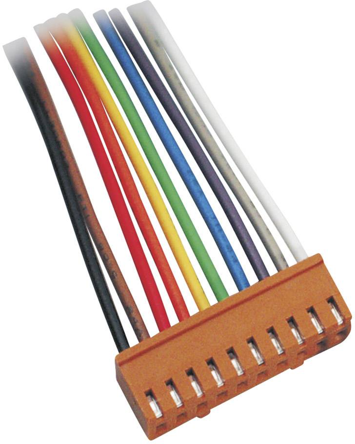 Un faisceau de câbles avec différents fils isolés de couleurs, inséré dans un connecteur orange, convient à des applications électroniques.