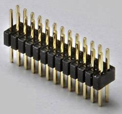 Un connecteur à barrette à broches double rangée avec des broches dorées et un boîtier en plastique noir. Il sert de connexion électrique sur les circuits imprimés.