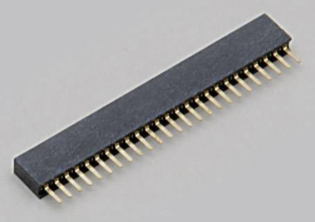 Un connecteur mâle à 40 broches, adapté aux cartes de prototypage et aux projets électroniques, avec une rangée de broches plaquées or.