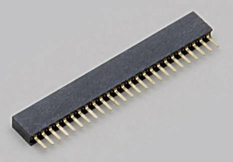 Une puce microscopique étroite et rectangulaire, dotée de plusieurs broches dorées sur un côté long, sur un fond gris.