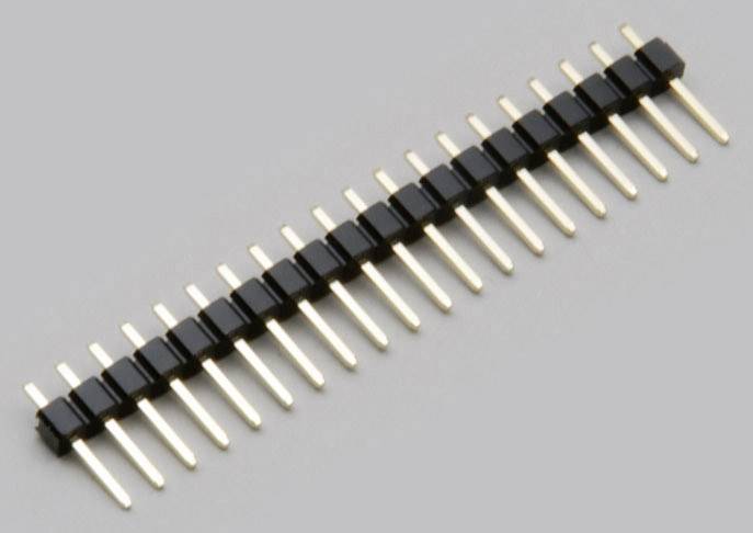 Rangée de barrettes de connexion sur un fond gris, composée de broches métalliques et de sections en plastique noir, destinée aux connexions électroniques.
