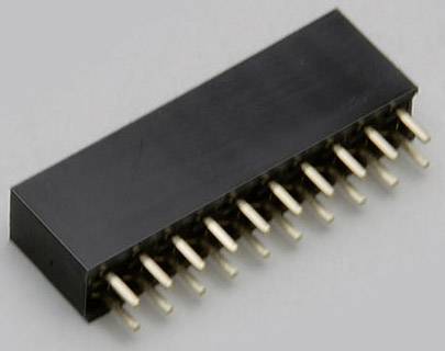 Une prise électronique noire avec plusieurs broches dorées sur une surface grise.
