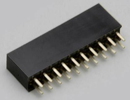Composant électronique noir, rectangulaire, avec plusieurs broches dorées dépassant sur un côté, sur un fond gris.