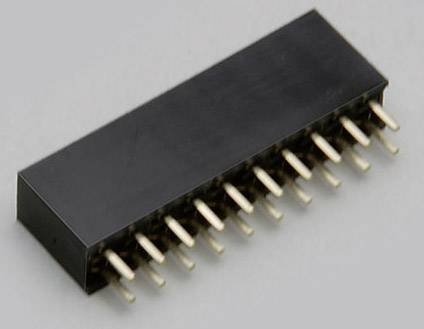Fiche électronique noire avec plusieurs broches dorées sur un fond gris.
