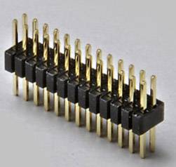 Une rangée de contacts dorés à broches sur un socle en plastique noir, disposés en deux rangées parallèles.