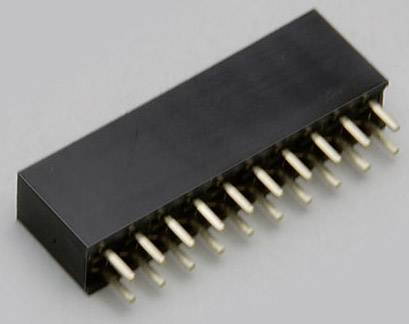 Une fiche noire rectangulaire avec plusieurs broches métalliques dépassant d'une plaque, sur un fond gris.