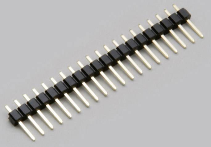 Un connecteur à broche unique avec 18 broches dorées fixées à un séparateur en plastique noir, sur un fond gris.