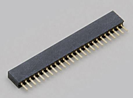 Un connecteur rectangulaire noir avec des broches dorées, utilisé pour les connexions électroniques sur une carte de circuit imprimé.