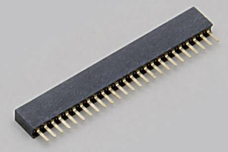 Un connecteur plat noir avec plusieurs broches dorées alignées sur un côté, sur un fond gris.