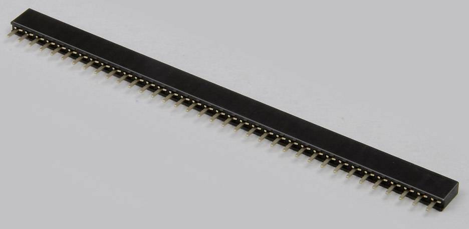 Connecteur de barrette à broches noir long avec plusieurs broches dorées alignées, reposant sur un fond gris.
