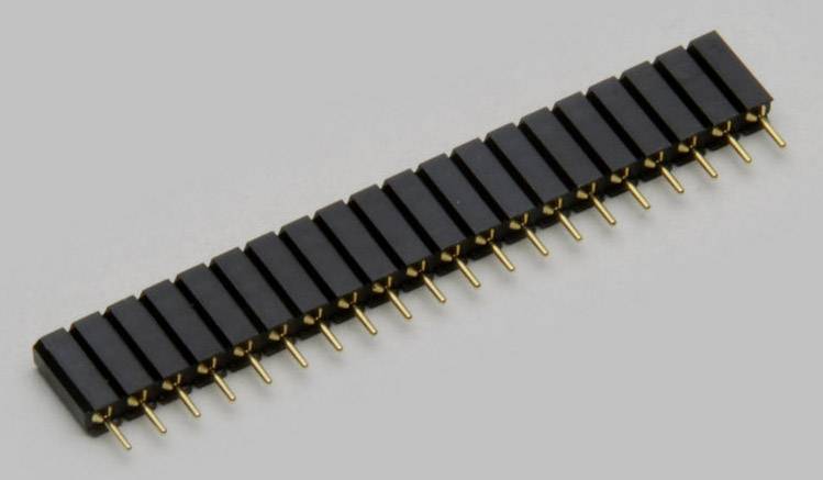 Connecteur noir et or à 20 broches, disposé en une seule rangée. Typiquement utilisé dans les circuits électroniques et les appareils.