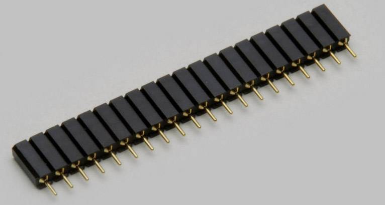 Une barrette de 20 broches droite avec des boîtiers en plastique noir et des contacts dorés sur un fond gris.