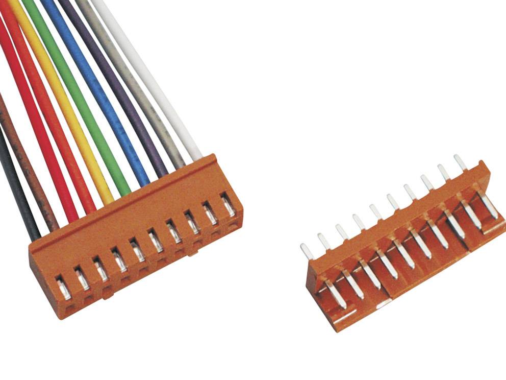 Un connecteur orange avec plusieurs câbles de différentes couleurs, à côté d'un équivalent correspondant sans câbles.