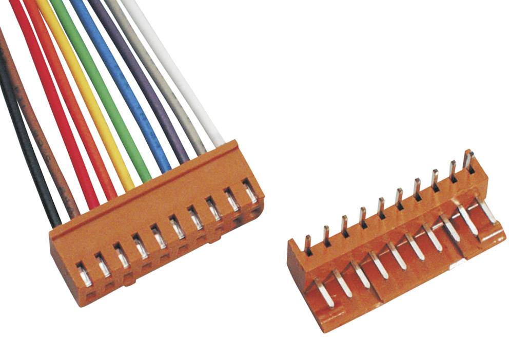 Un connecteur orange avec des câbles multicolores est représenté, prêt à se connecter à sa contrepartie correspondante.