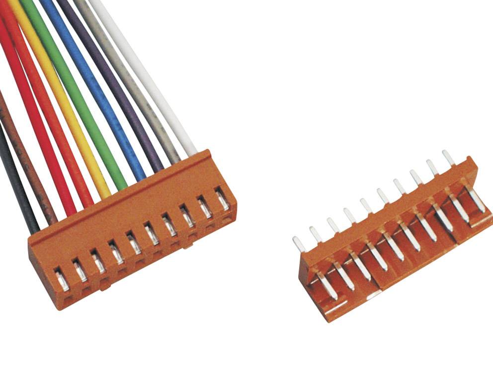 Un connecteur orange avec plusieurs câbles de différentes couleurs et sa contrepartie, représentés séparément.