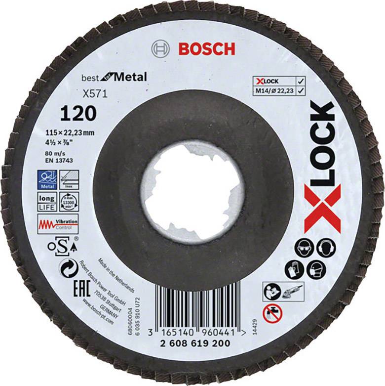 Disque à poncer Bosch X-LOCK pour métal, grain 120. Dimensions : 115 x 22,23 mm. Pour le ponçage des métaux, système de fixation rapide X-LOCK.