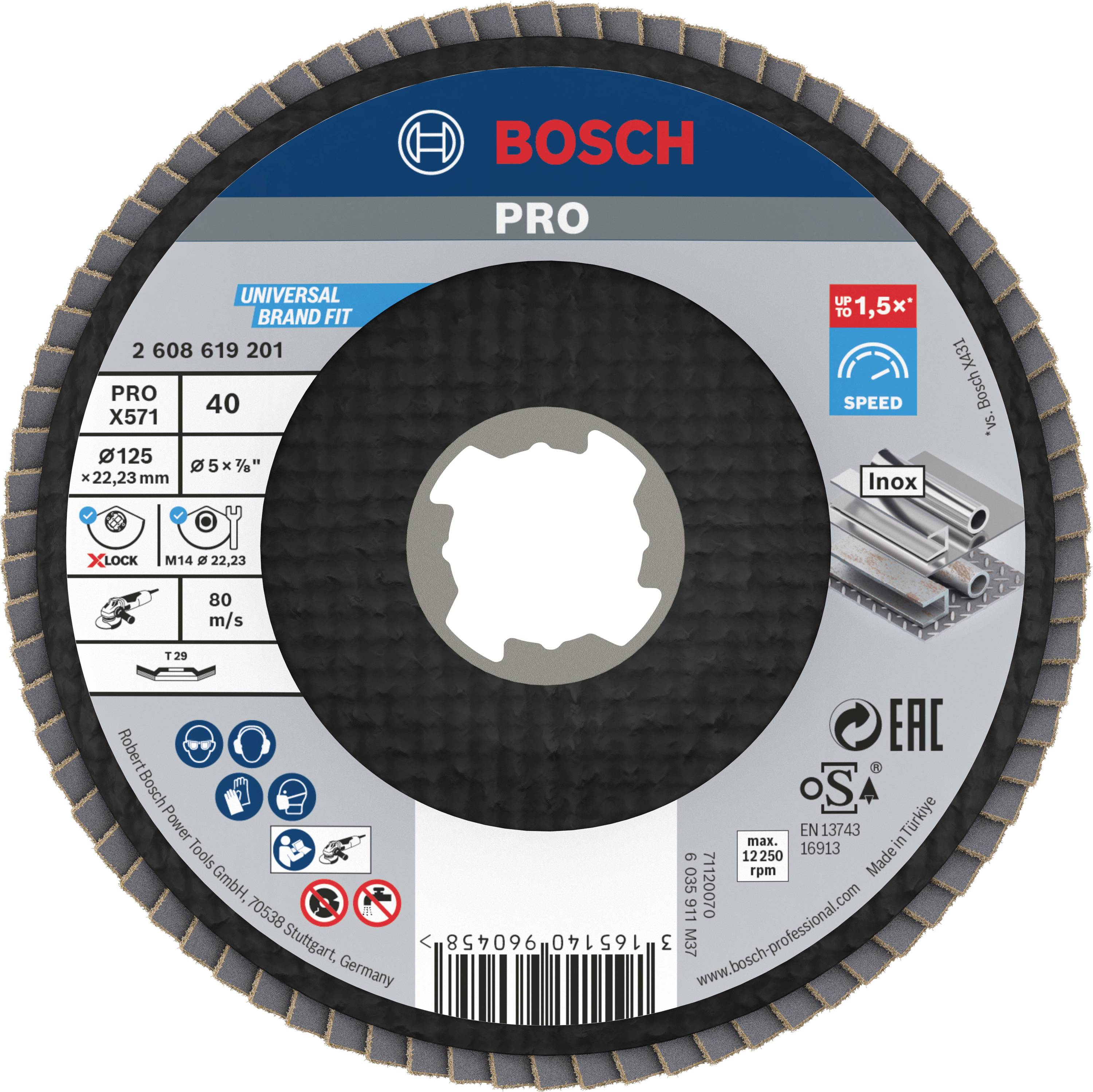 Disque à tronçonner portant l'inscription 'BOSCH PRO', adapté pour l'acier inoxydable, présentant des spécifications techniques telles que '125 mm' et 'grain 40'.