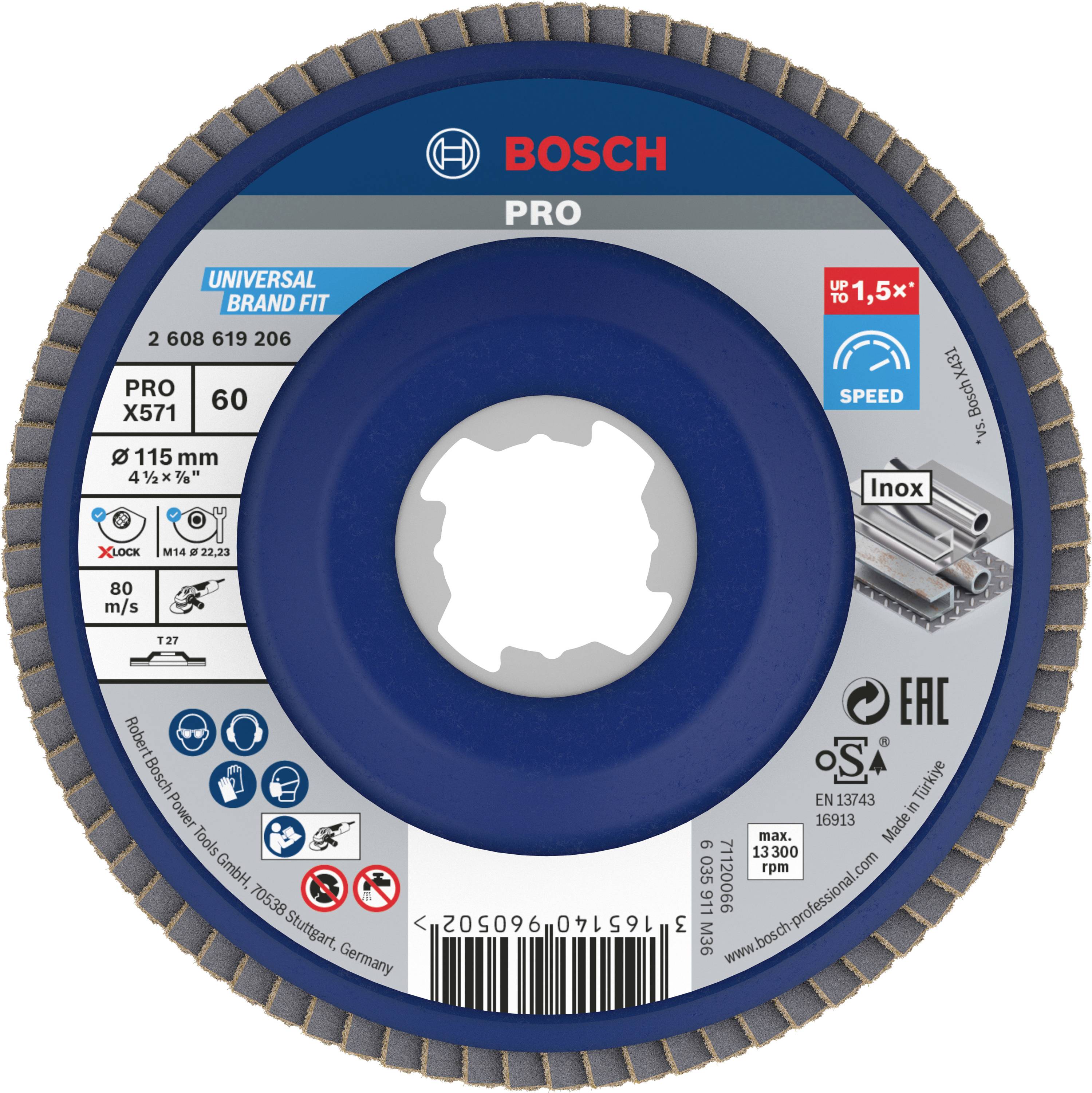 Un disque à tronçonner Bosch PRO bleu pour métal de 115 mm de diamètre, adapté à l'inox, jusqu'à 80 m/s et 13 300 tr/min.