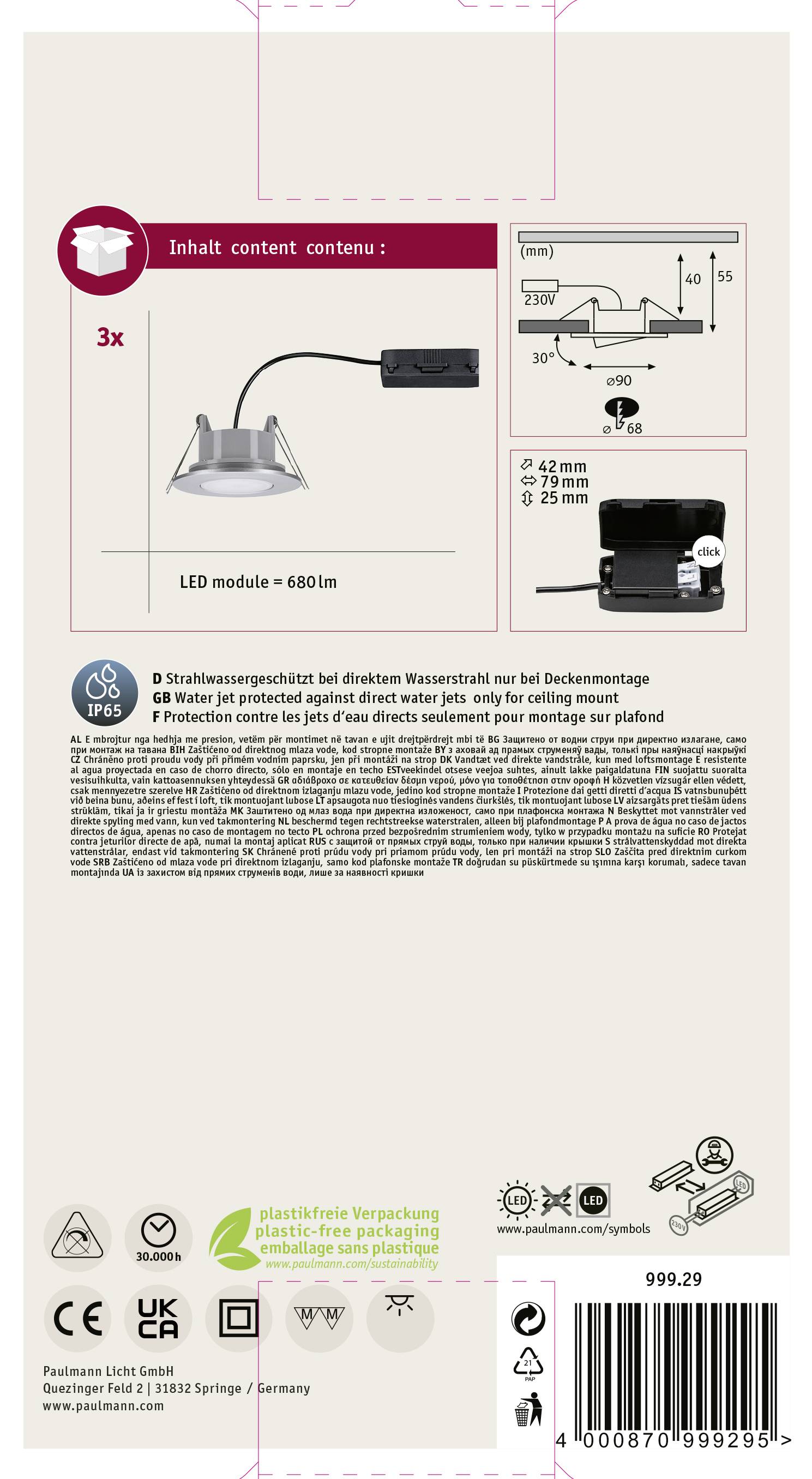 Spot LED encastrable pour salle de bains Paulmann Calla jeu de 3 18 W IP65 chrome (mat)