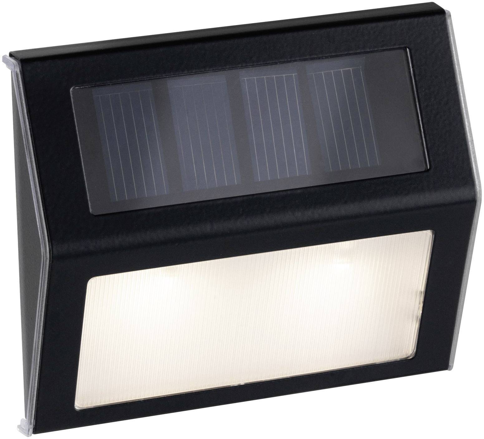 Applique murale extérieure solaire noire rectangulaire, avec un panneau solaire intégré en haut et un éclairage blanc émis en bas.
