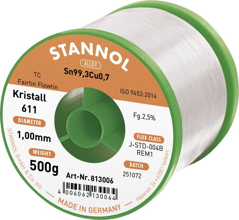 Rouleau de fil à souder portant l'inscription 'STANNOL'. Spécifications : Sn99,3Cu0,7, diamètre 1,00 mm, poids 500 g, Fabriqué en Allemagne.