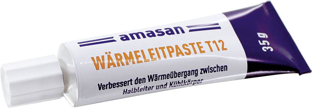 Un tube portant l'inscription 'amasan PÂTE THERMIQUE T12, 35 g'. Améliore le transfert thermique entre le semi-conducteur et le dissipateur thermique.