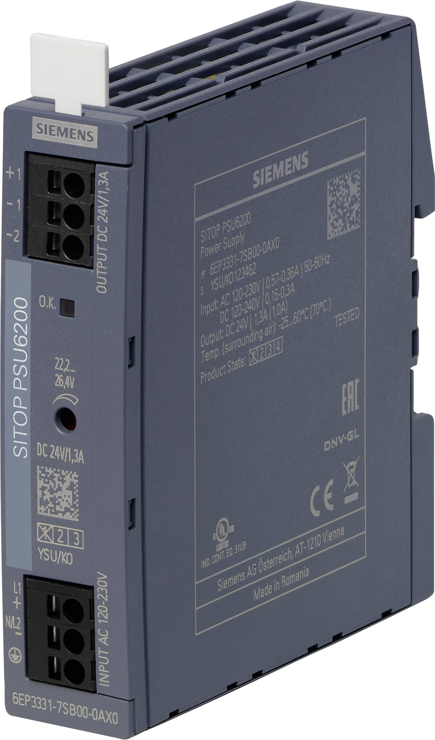 Un dispositif d'alimentation bleu de Siemens, modèle SITOP PSU6200, doté de spécifications techniques et de connexions sur sa face avant.