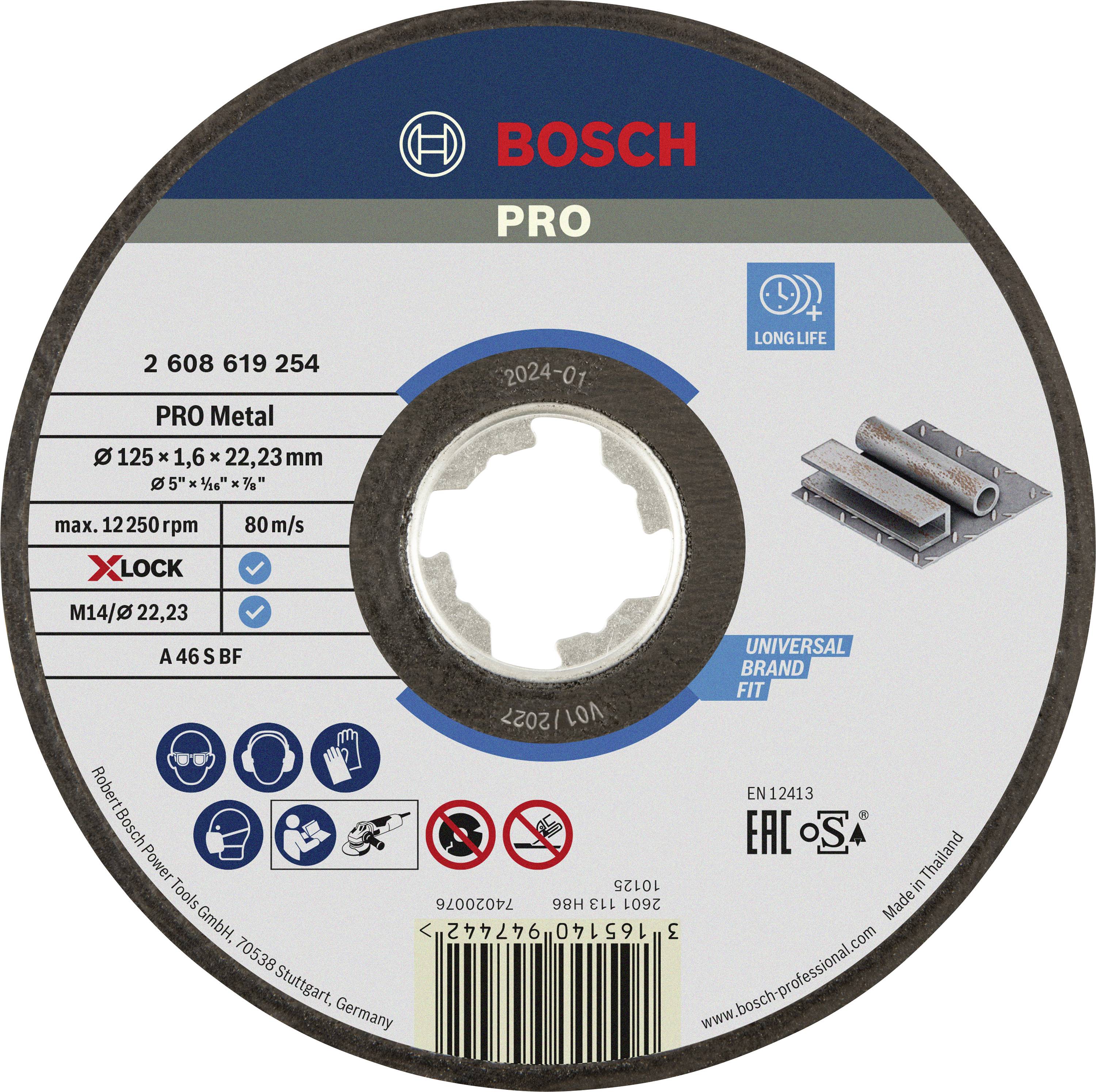 Disque de coupe 'Bosch PRO' pour métal, diamètre : 125 mm, épaisseur : 1,6 mm. Vitesse : max. 12 250 tr/min. Mention 'Universel Compatible'.