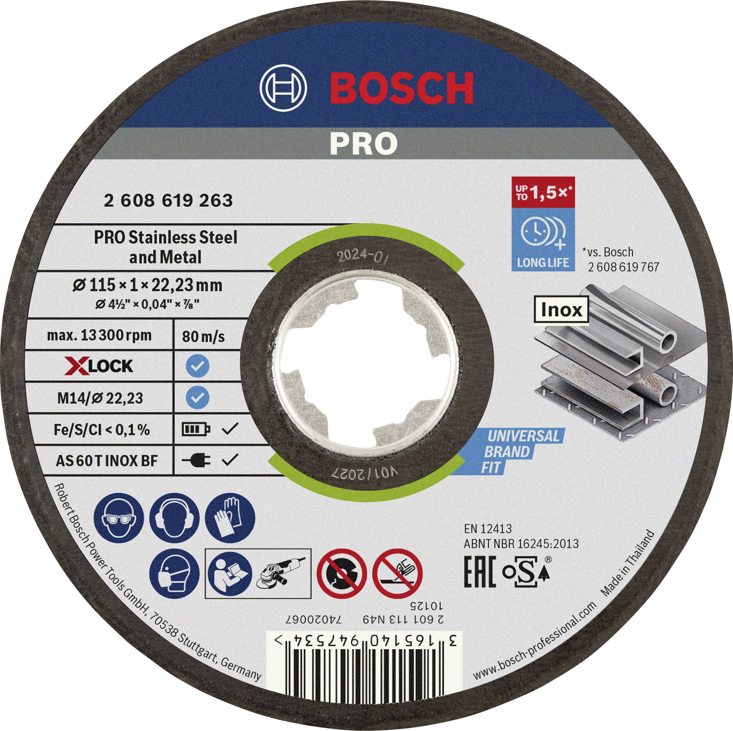 Disque à tronçonner Bosch pour acier inoxydable et métal avec système X-LOCK, vitesse maximale de 13 300 tr/min, diamètre de 115 mm, épaisseur de 1 mm.