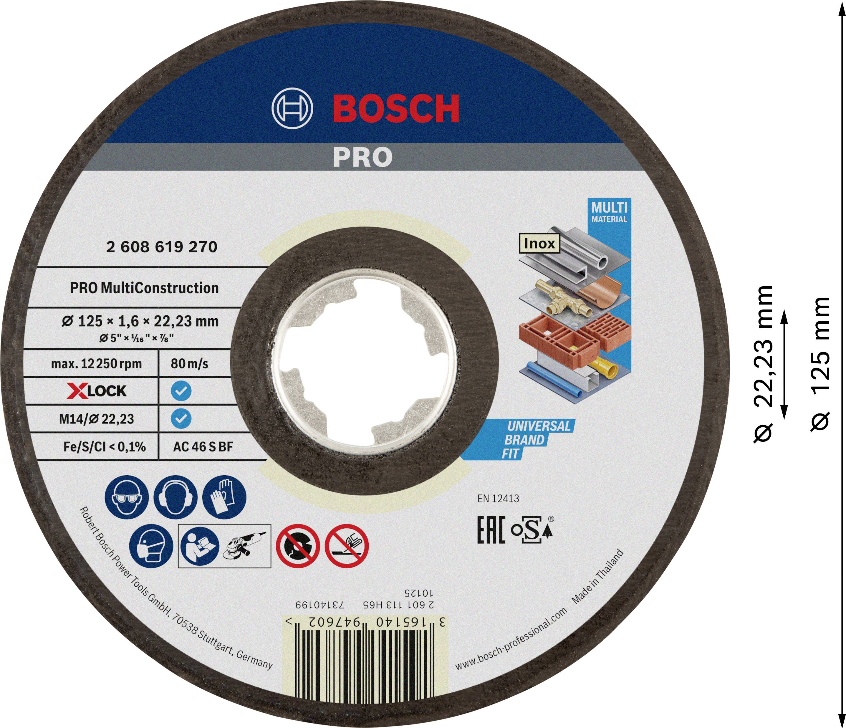 Disque de tronçonnage Bosch PRO, diamètre 125 mm, alésage 22,23 mm, pour MultiConstruction, détails sur les certifications et l'usage spécifiés.