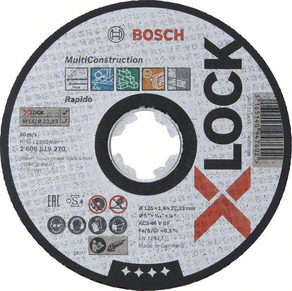 Disque à tronçonner avec système X-LOCK de Bosch, adapté pour MultiConstruction. Diamètre 125 mm, pour travaux de construction et métalliques.