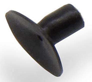 Un bouchon en plastique noir à tête ronde. Butée de porte de meuble ou patin de glissement, montré de près pour illustrer sa forme et sa fonction.