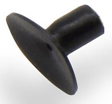Un tampon en caoutchouc noir avec une base plate et ronde et un bouton cylindrique, souvent utilisé pour l'amortissement ou la stabilisation.