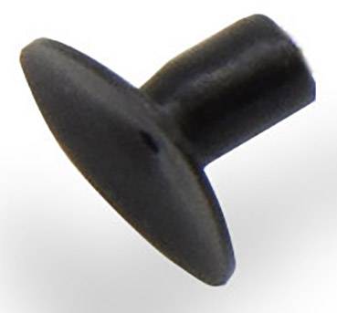 Un bouchon noir, rond, en plastique avec une tige cylindrique courte, utilisé pour le scellement ou la couverture.