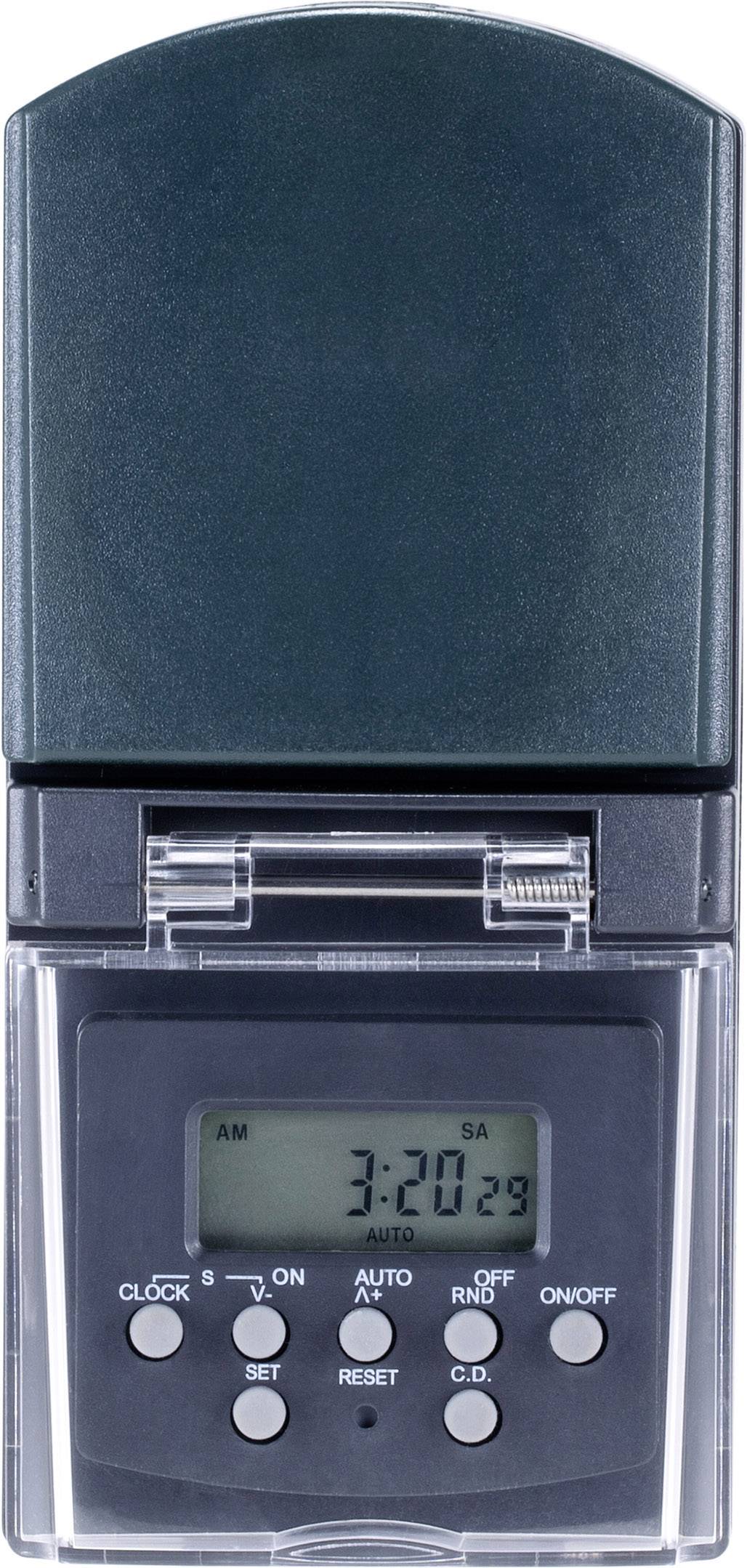 Réveil électronique à boîtier vert, affichant '3:20 AM', entouré de touches de réglage telles que 'Auto' et 'Marche/Arrêt'.