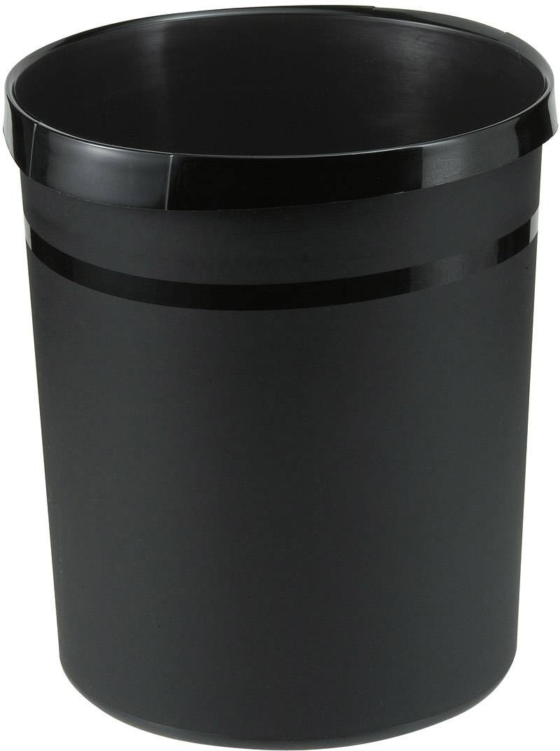 Une corbeille à papier simple en plastique noir, de forme cylindrique, se tient droite sans contenu ou décoration visible.