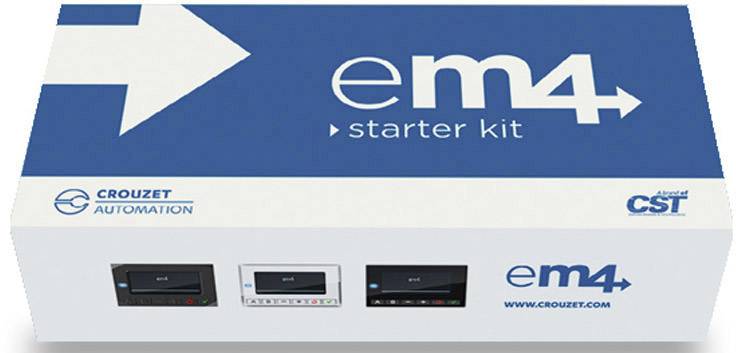 Emballage d'un kit de démarrage 'em4' de Crouzet Automation avec des images du produit et le logo sur la face supérieure.
