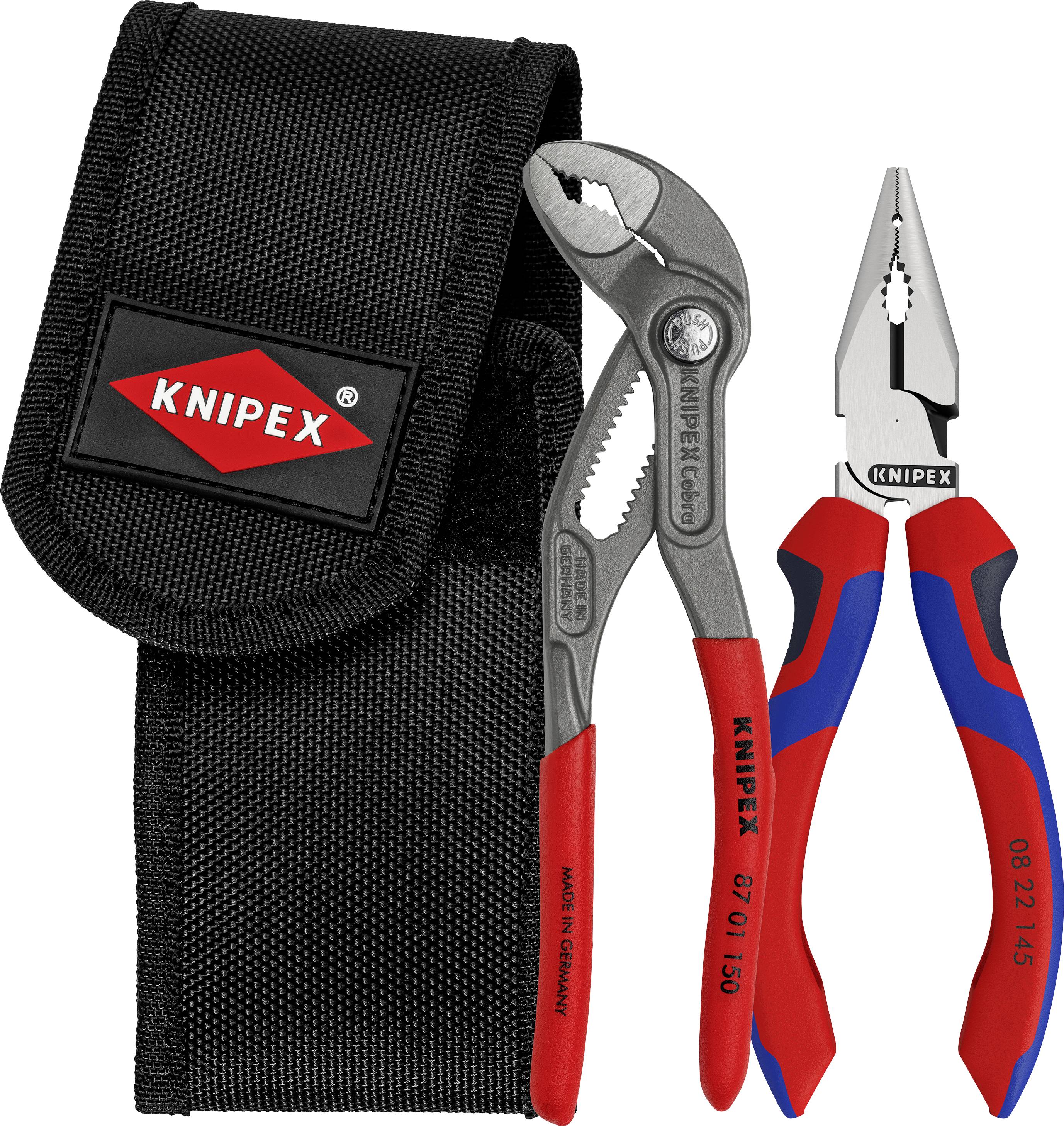 Un ensemble de deux pinces KNIPEX avec poignées rouge et bleue, livrées dans un étui noir robuste à fermeture velcro.