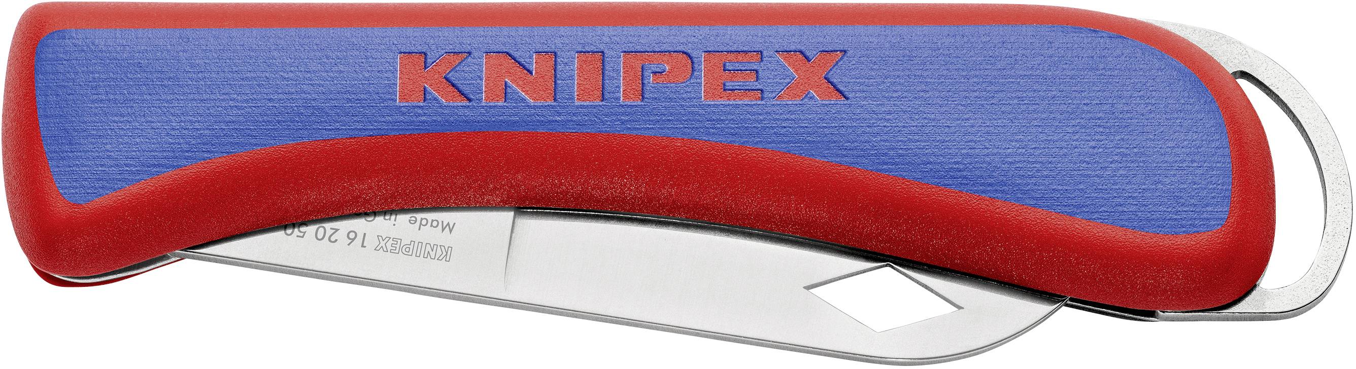 Couteau de poche avec manche rouge, revêtement en caoutchouc bleu, et l'inscription 'Knipex' sur le manche. Le profil de la lame est visible.