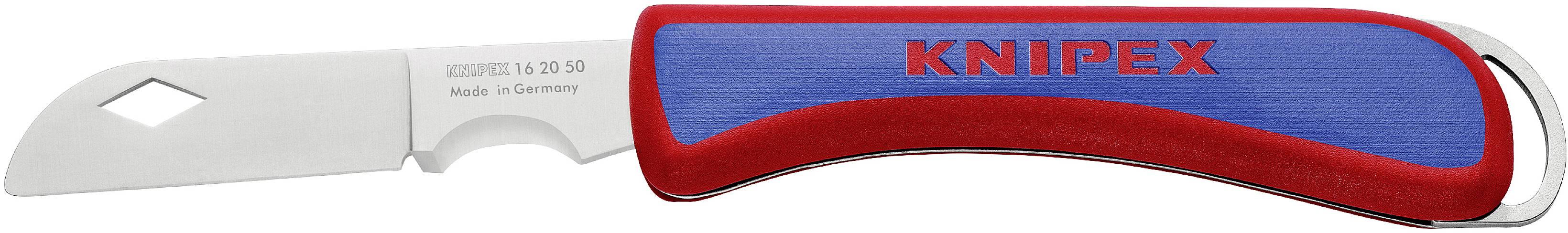 Un couteau de poche avec des poignées rouges et bleues, sur lesquelles est inscrit 'KNIPEX'. La lame est en métal et possède un trou pour la fixation.