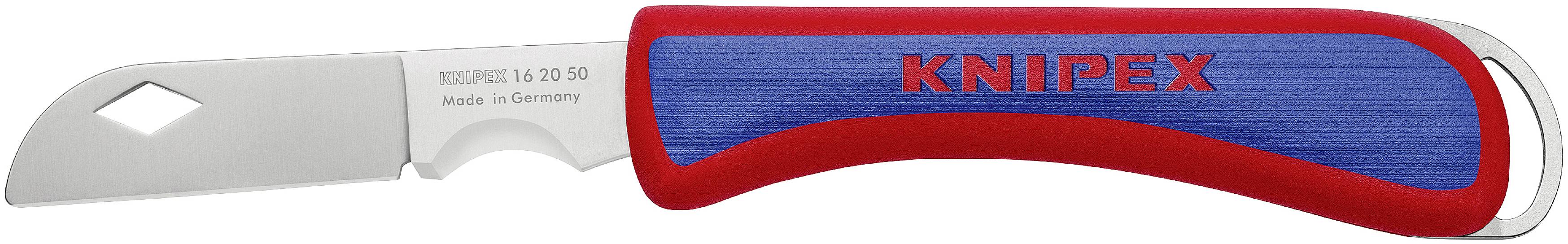 Un couteau à câbles avec une poignée rouge et bleue sur laquelle est inscrit 'Knipex'. La lame est partiellement visible et convient aux travaux sur câbles.