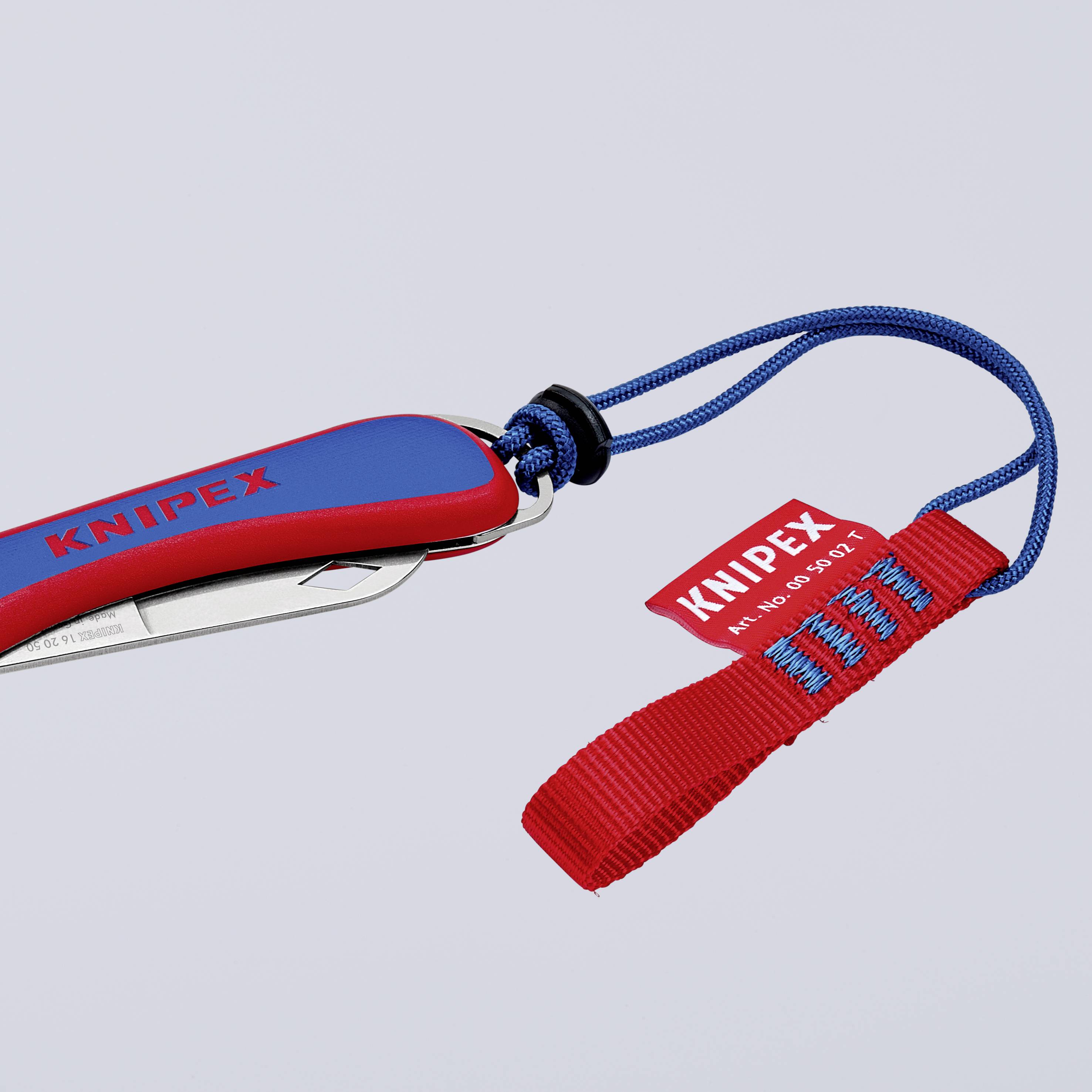 Un couteau de poche de la marque KNIPEX avec une poignée bleu et rouge et une lanière rouge sur un fond gris.