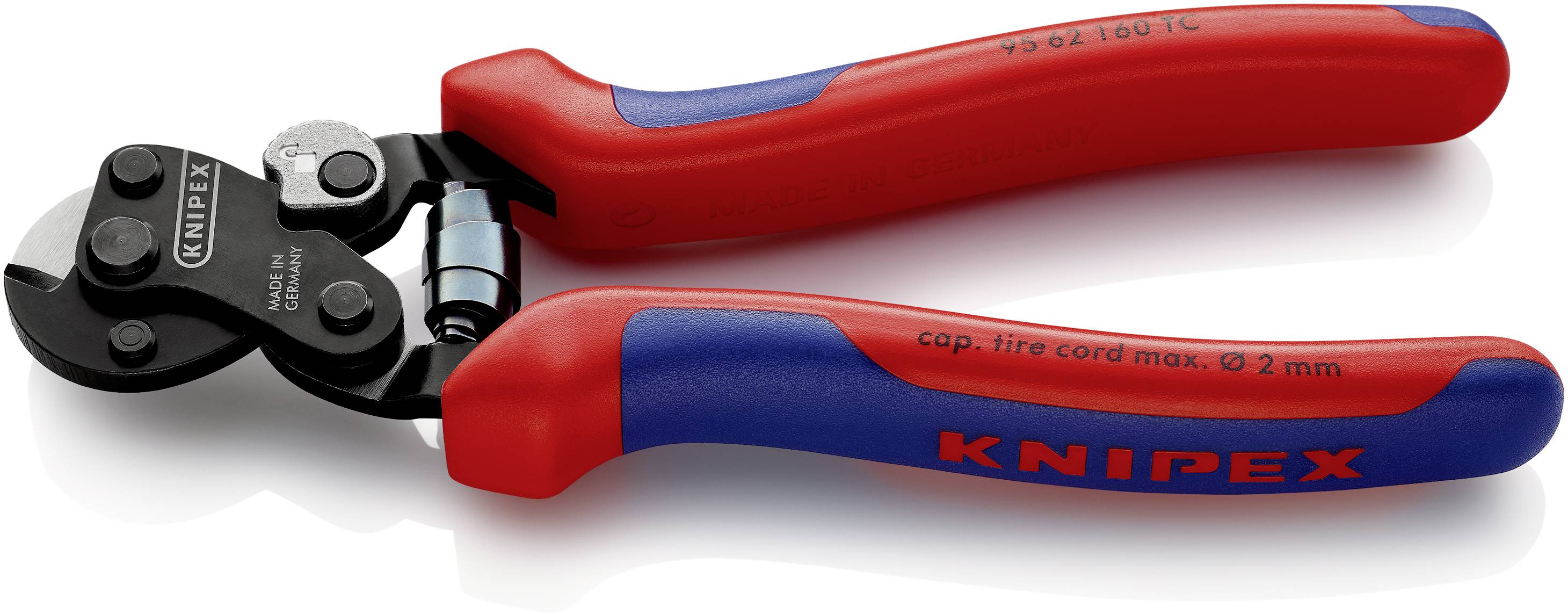 Sur l'image, on voit un coupe-câbles de la marque 'Knipex' avec des poignées rouges, adapté pour couper des câbles métalliques jusqu'à 2 mm.