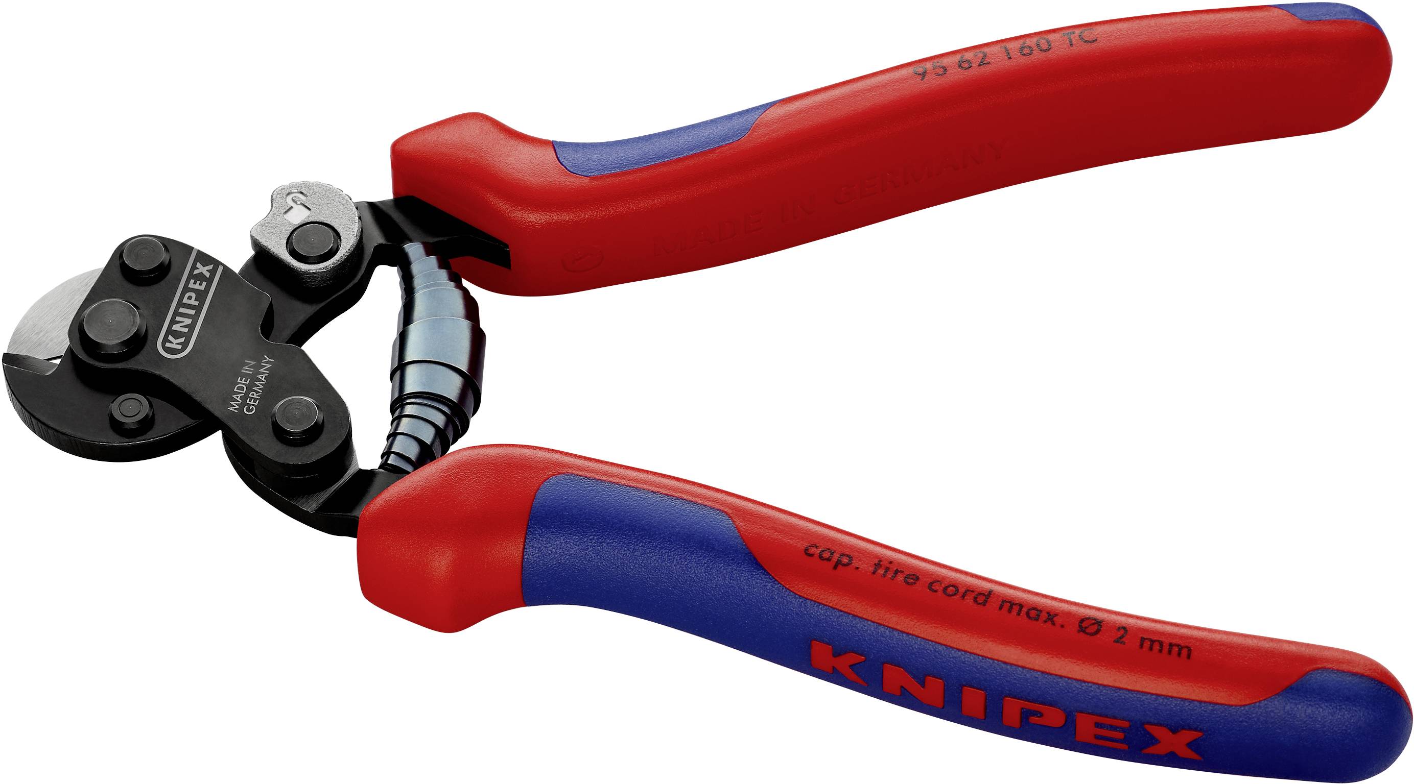 Une pince coupante pour câbles de la marque Knipex, rouge et bleue, avec la lame dépliée, adaptée pour les câbles jusqu'à 2 mm de diamètre.
