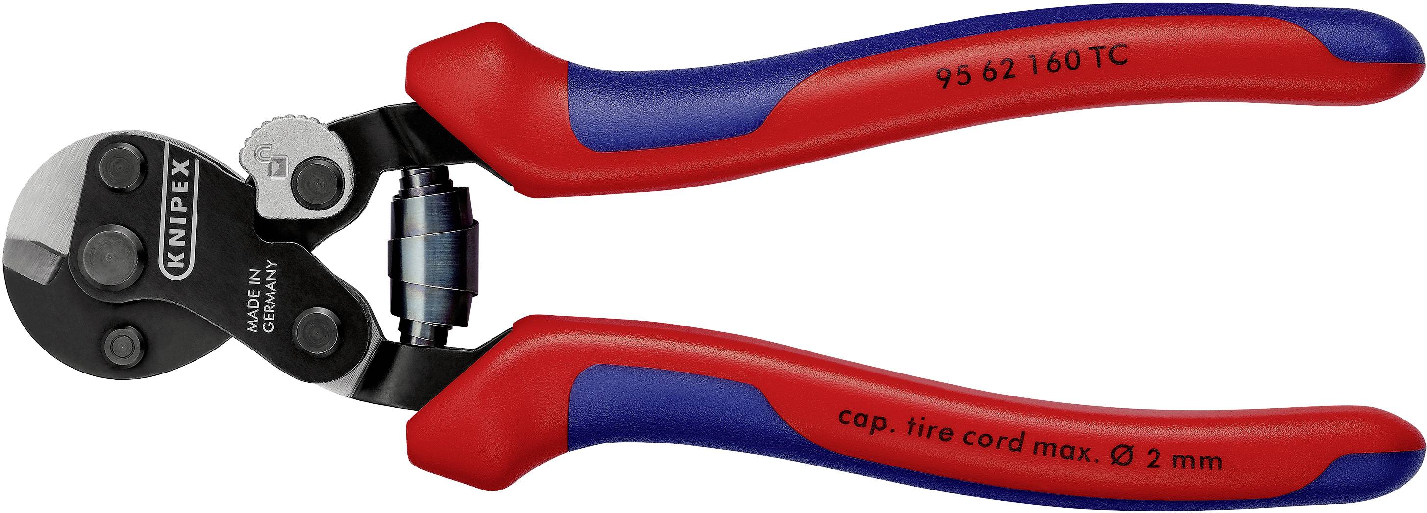 Ciseaux Knipex rouges et bleus, adaptés pour couper des câbles jusqu'à 2 mm de diamètre. Numéro de modèle visible sur la poignée.