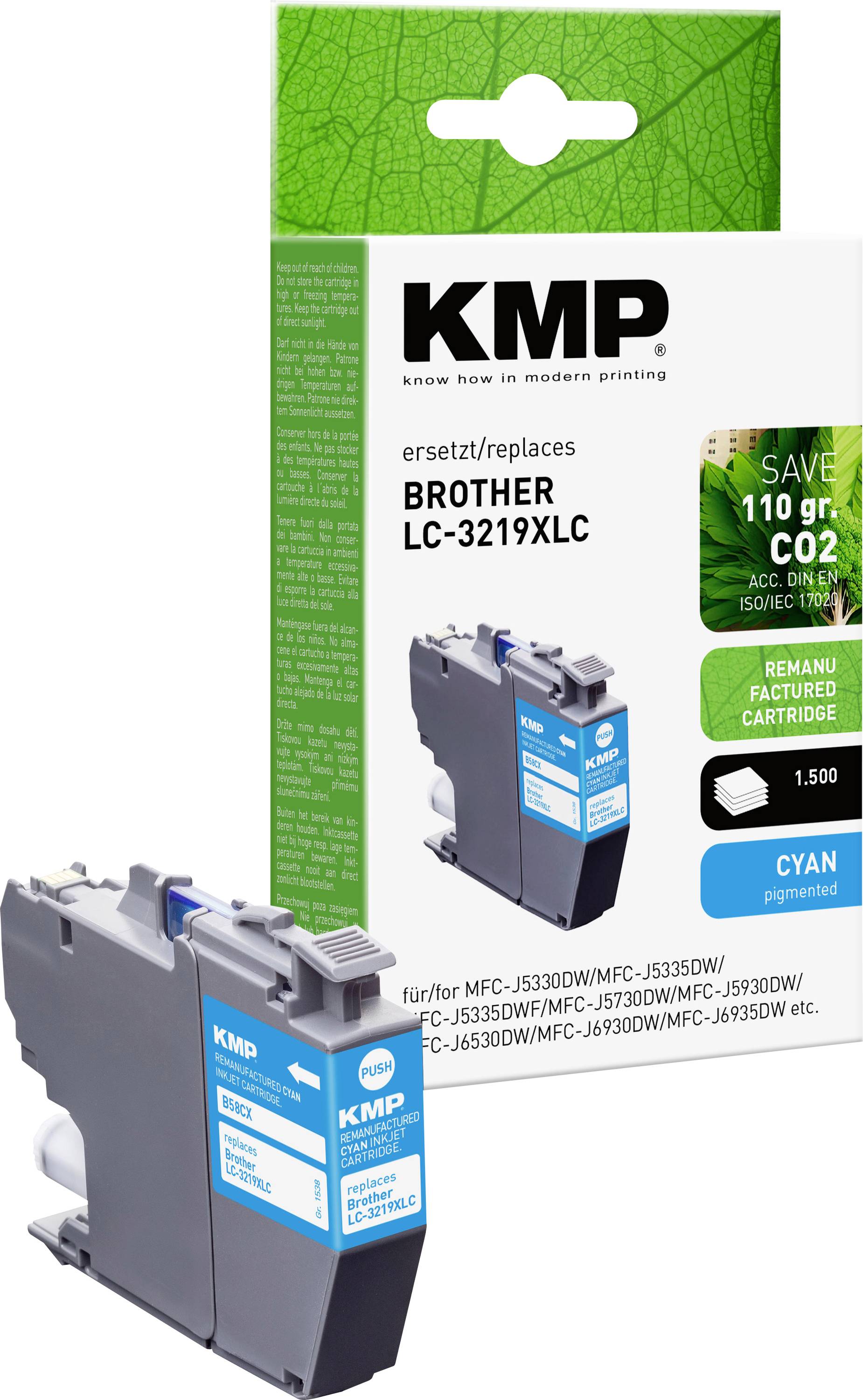 Cartouche d'encre cyan KMP pour BROTHER LC-3219XLC, emballage écologique, économisant 110g de CO2, compatible avec les appareils MFC-J.