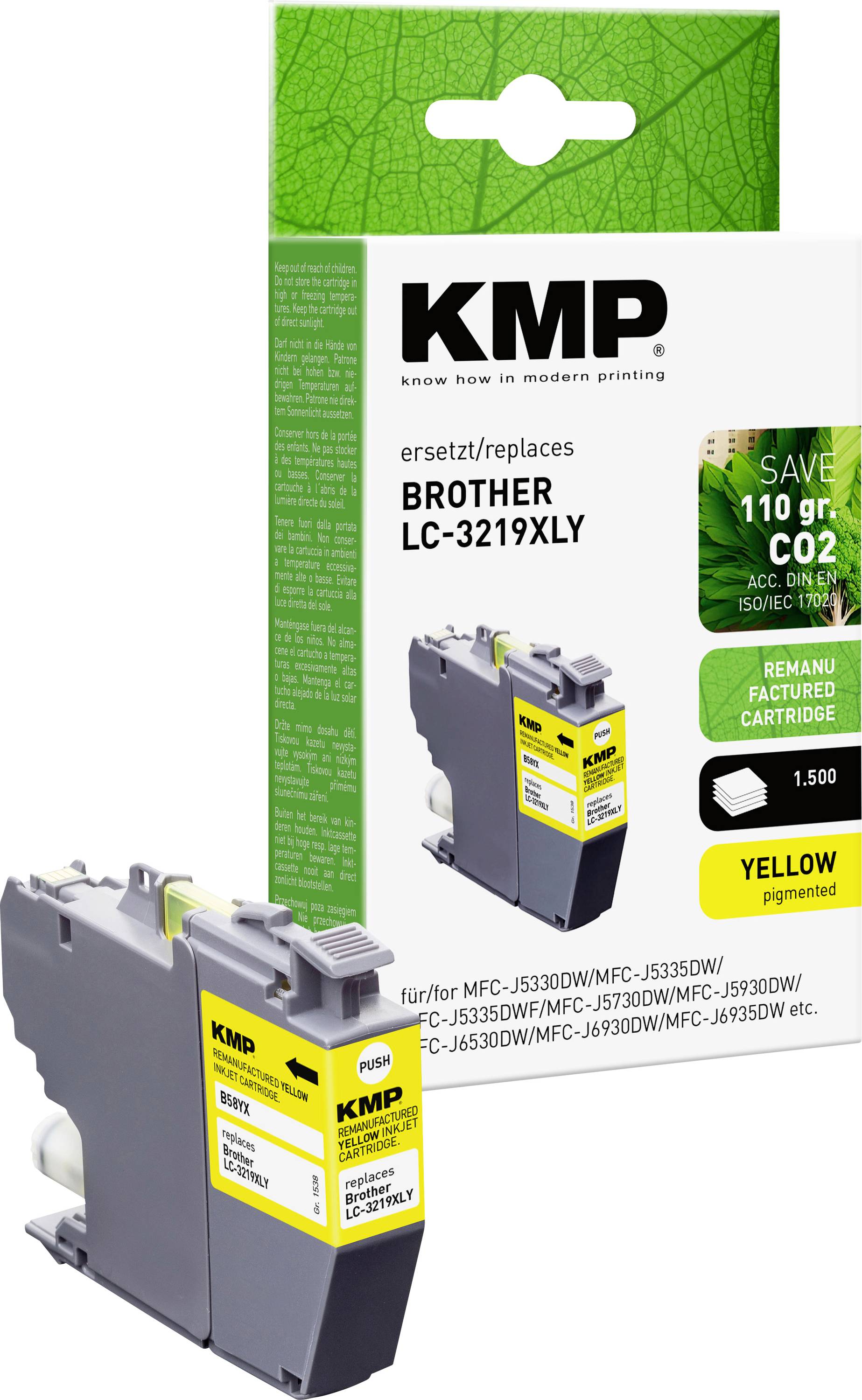 Cartouche d'encre jaune KMP pour Brother LC-3219XLY ; l'emballage met en avant l'éco-responsabilité et la compatibilité avec l'imprimante.